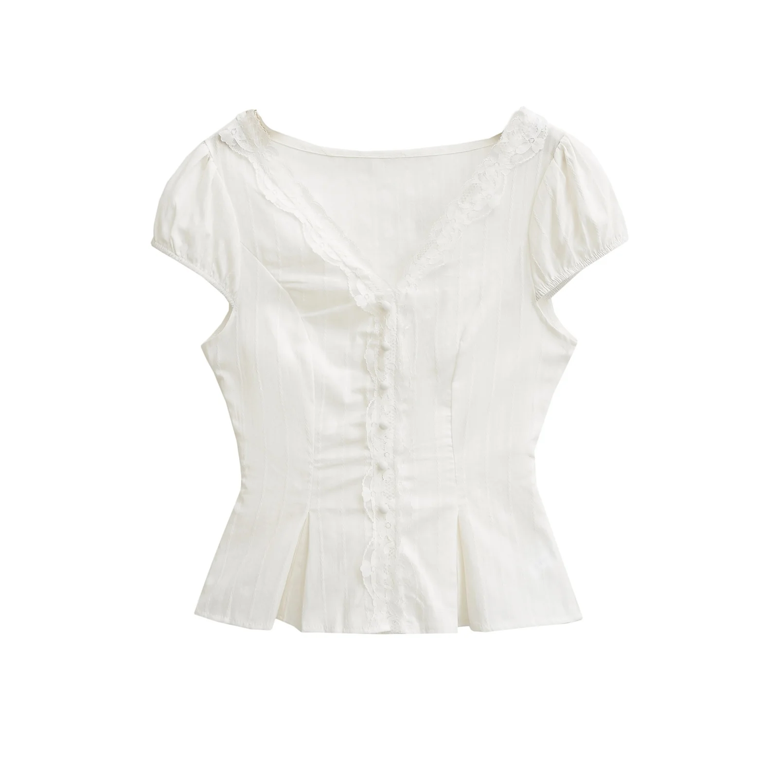 

Ruffle Lace Trim V-Ne ort Sve irt Women's Slimming Faionable Summer Top French Sle Regular Fit White irt