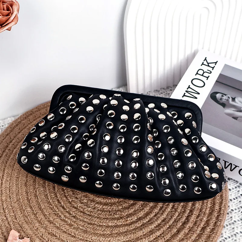 Brand Design Black Shell Bag  Fashion Banquet Leather Bag Silver Sequined All-match Rivets Handbag Hand-carrying Clutch Bag New