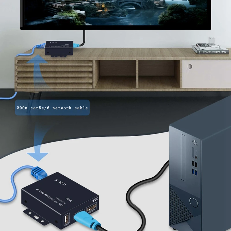 Extender KVM HDMI 1080p 60m 120m 200m con Porta RJ45, Cavo Ethernet Cat6, Trasmettitore e Ricevitore Audio Video, Supporto Tastiera e Mouse