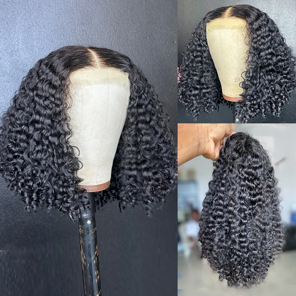 Curto encaracolado Bob perucas brasileiras da parte dianteira do laço do cabelo humano para mulheres negras, peruca frontal da onda profunda, perucas de Guless, 13x4, densidade 180