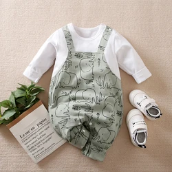 0-18m Long Sleeved Baby Jumpsuit Cute Cartoon Strap Elephant Print Cotton Comfortable And Soft Spring And Autumn Newborn Clothes