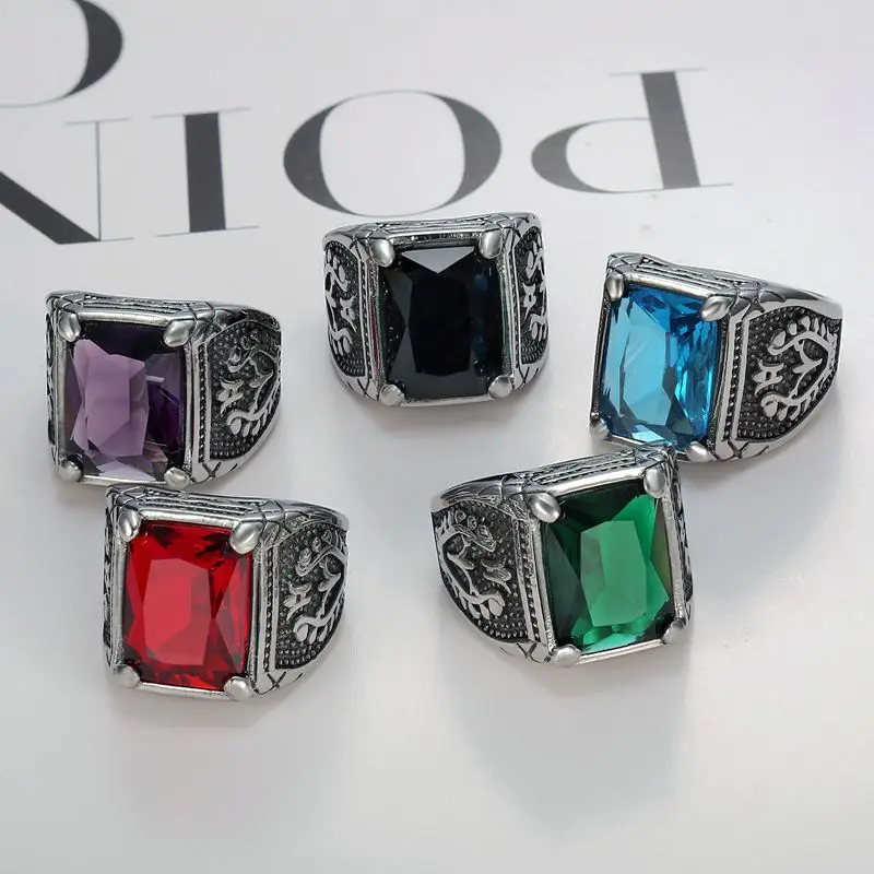 Silver color Men red blue Semi-Precious Stone Signet Ring 316l Stainless Steel for Men Jewelry Anillos Accessories - view 2