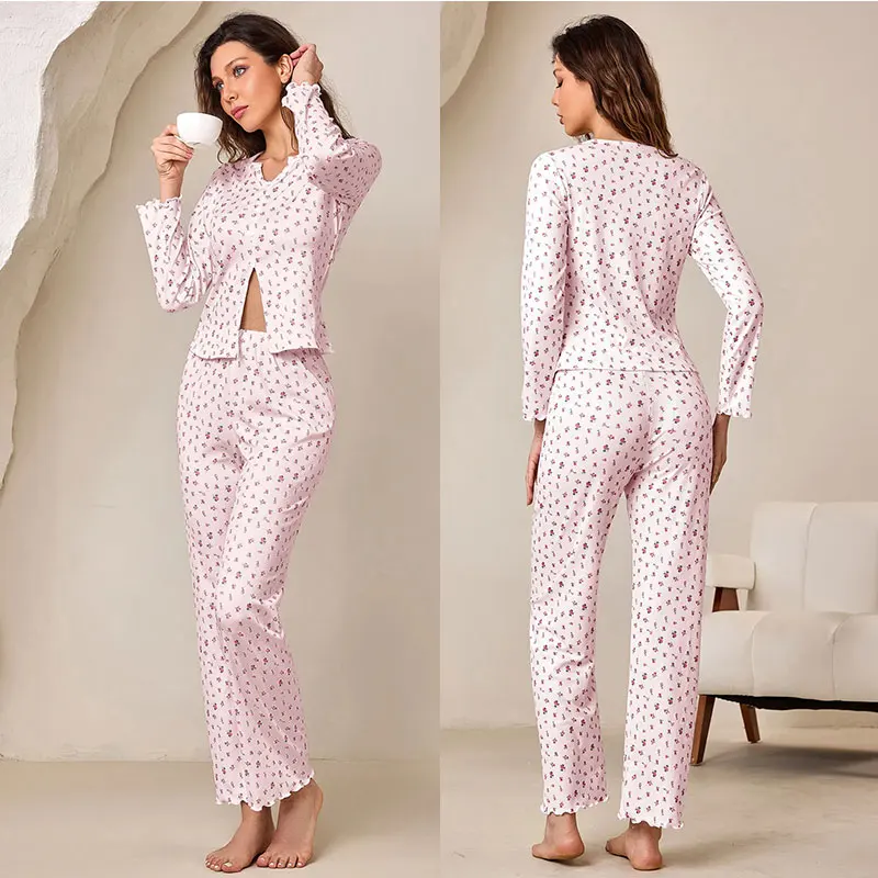 

Pajamas for Women Knitted Pyjamas Floral V-neck Sleepwear Long-sleeved Trousers Loungewear Cardigan Casual Homewear 2 Piece Set