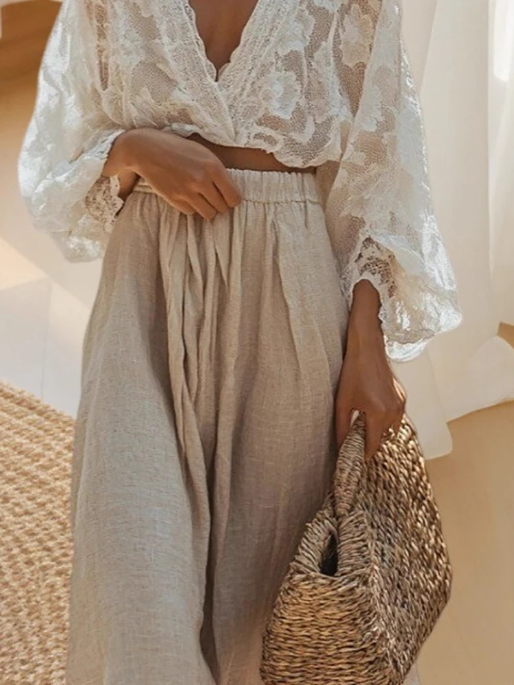 

Fashion Women's Bohemian Outfits Sexy V-neck Long Sleeved Top and A-line Skirt Two Piece Set Spring Summer Vacation Lace Suits