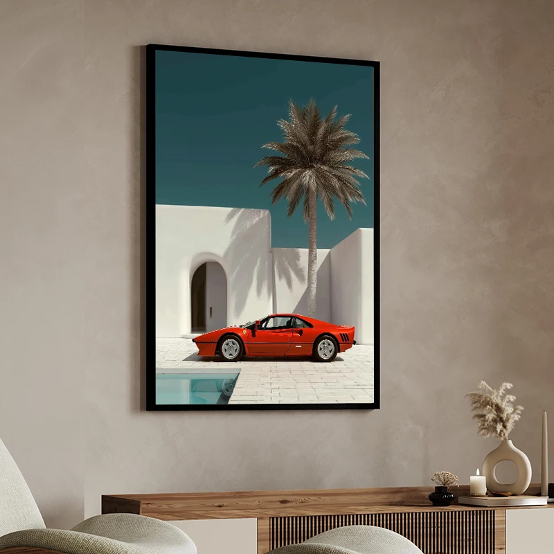 Retro Luxury Sport Car Coastal Road Villa Palm Springs Pool Photography Poster Canvas Painting Print Wall Art Home Decor