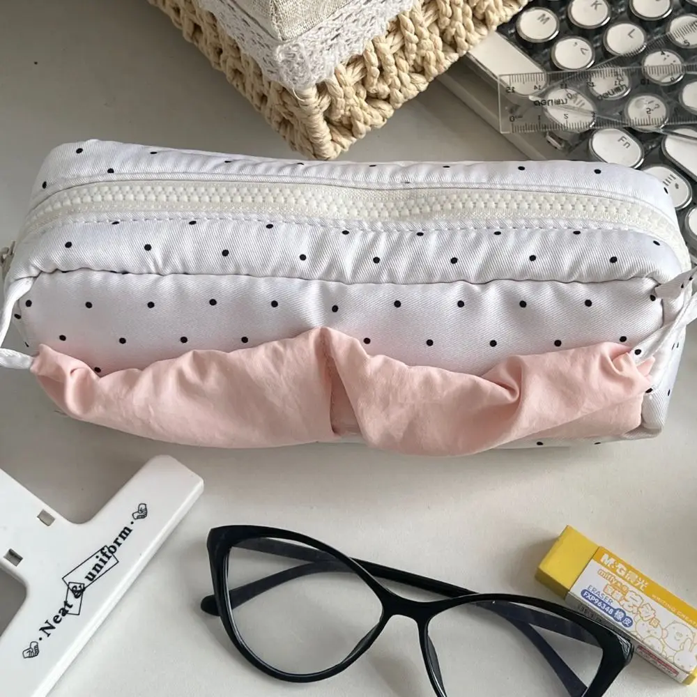 Simple Polka Dot Pattern Pen Bag Large Capacity Multifunctional Pencil Case Bowknot Deisgn Stationery Organizer Gift