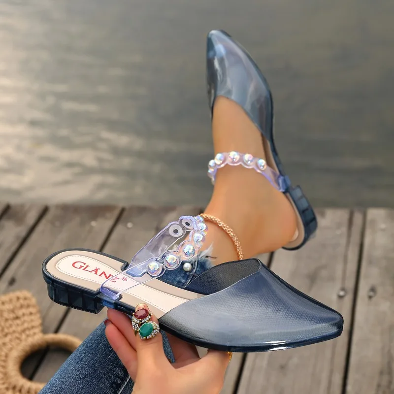 New Luxury Beaded Designer Women's Slippers 2026Summer Sexy Pointed Toe Slingback Mules Comfortable Beach Transparent Flip-flops
