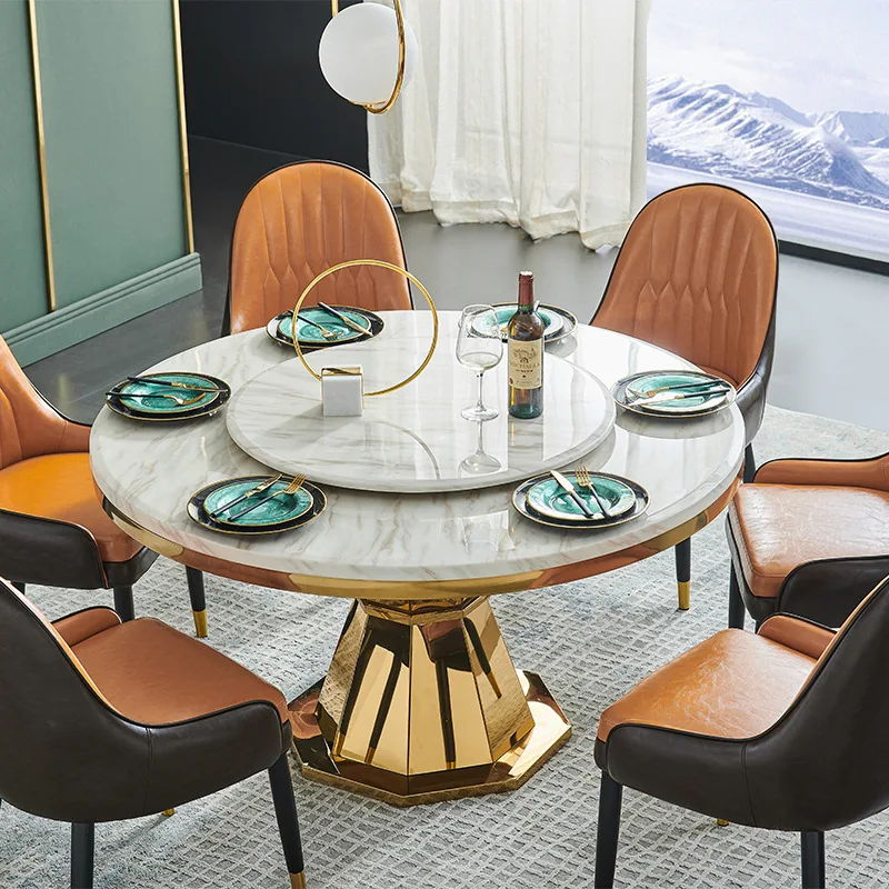 

Dining Table Set 6 Seater For Dining Room Kitchen Furniture Luxury Gold Metal Frame Round Marble Top Turntable White Dinner Full