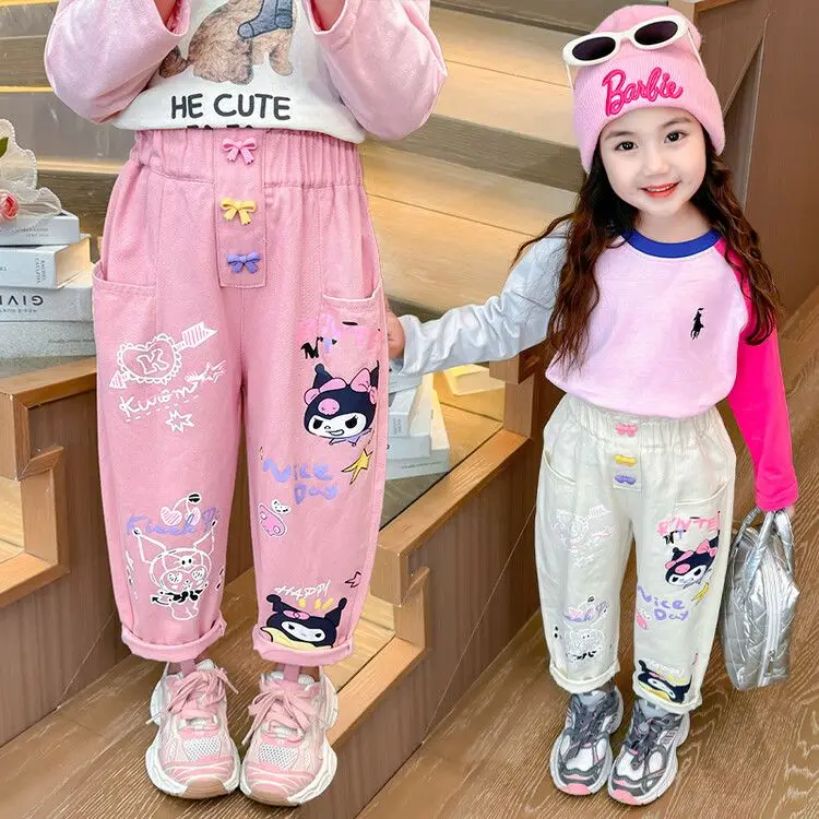 Girls' Kuromi Cartoon Print Pants Spring Autumn Anime Sanrios Kids Fashion Casual Pants Cotton Straight Leg Pants Versatile Gift