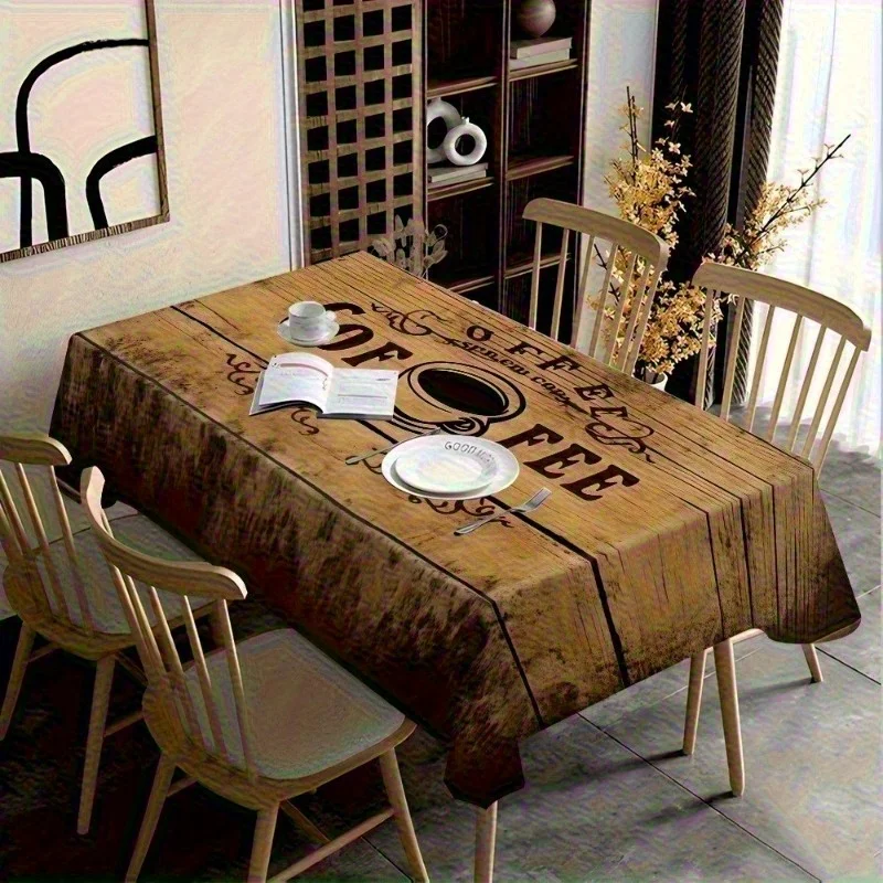 Retro wood-grain coffee pattern printed rectangular tablecloth for dining table