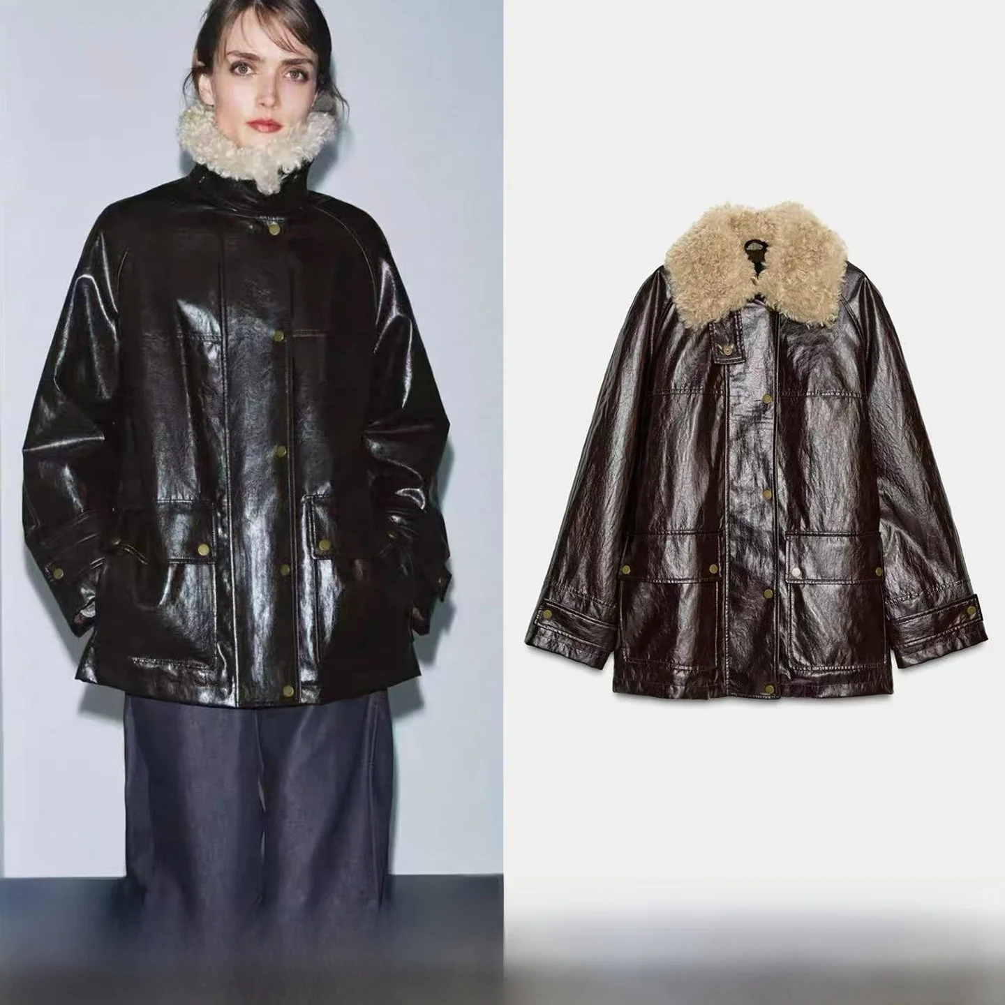 

New Autumn Winter Women's Faux Fur Collar Detachable Jaet Outerwear Leather Imitation PU Long Sve Mid-Length Zipper