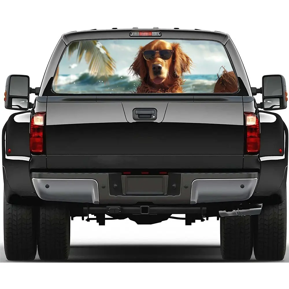 Sea Wave Vacation Dog Print Car Rear Windshield Sticker Truck Window See Through Perforated Back Window Vinyl Decal Decoration