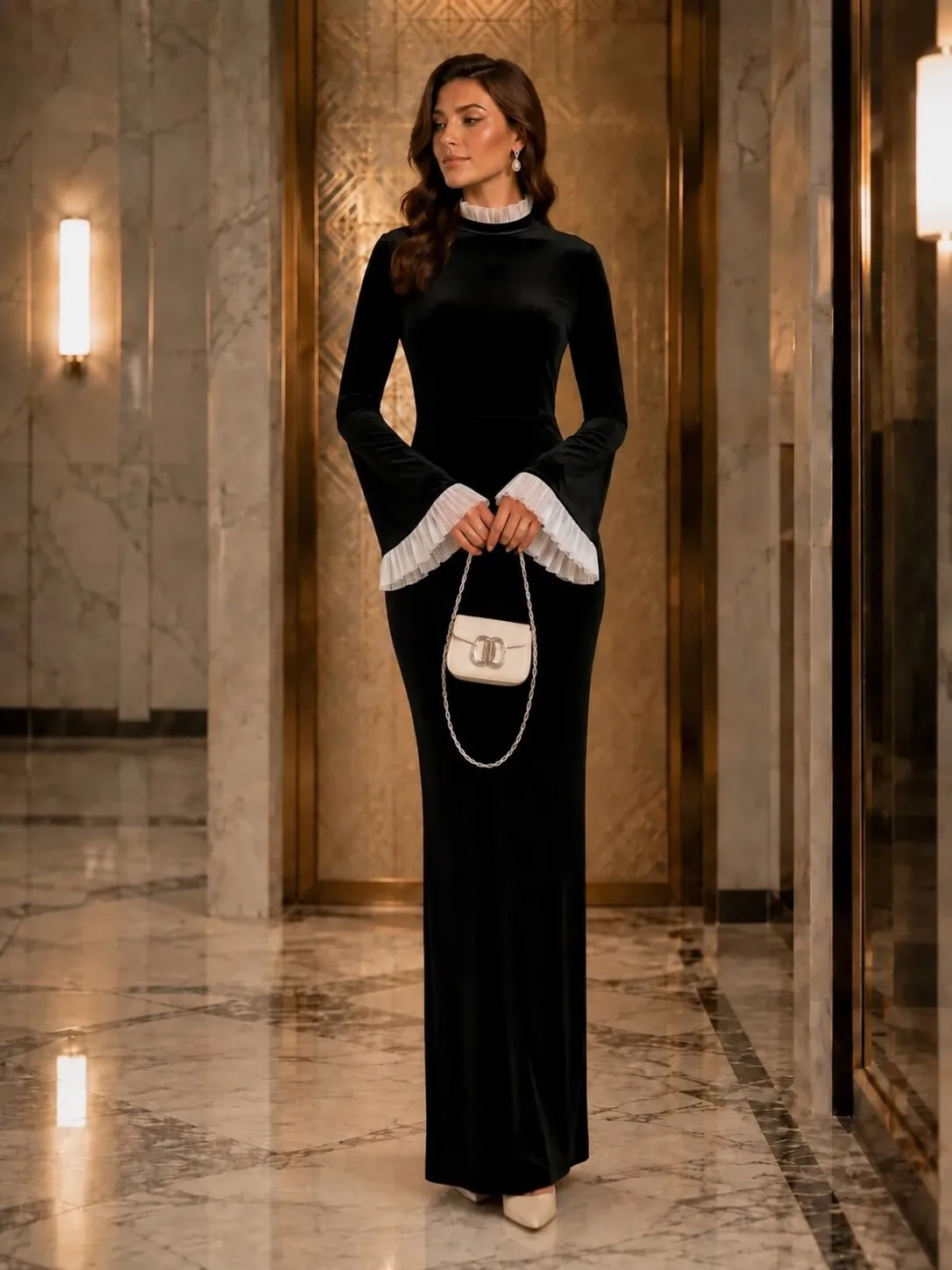 Pleated Long Sleeve Dress Maxi Length Elegant with Ruffle Elegant Party Dresses for Women