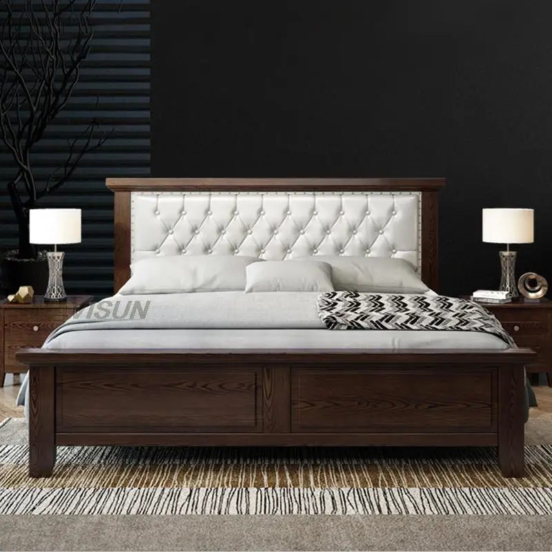 

Walnut Color Solid Wood Canopy Bed American Simple Soft Headboard Leather Master Bedroom Auxiliary Furniture For Sleeping