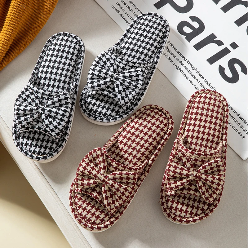 Gingham Hemp Women's Slippers House Flats Trend Spring Summer Luxury Designer Shoes Girls Retro Indoor Slides Soft Sole Open Toe