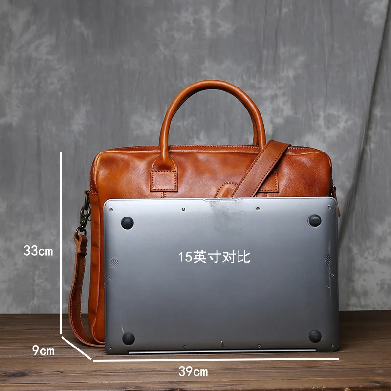 Pure Hand Rubbed Color Vegetable Tanned Head Layer Cowhide Men\'s Double Handbag Horizontal Genuine Leather Crossbody Briefcase