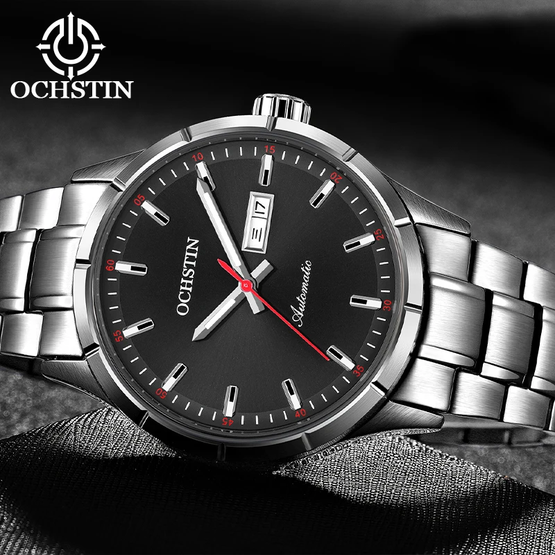 OCHSTIN Mechanical Men Watch Automatic Date Day Vintage Y2K Male Business Wristwatch Stainless Steel Watchband Deployment Clasp