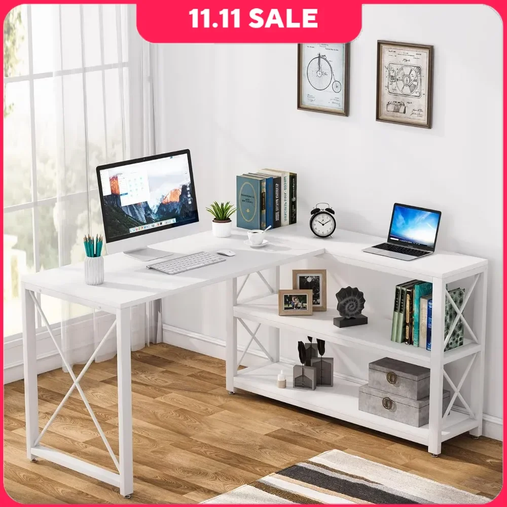 Standing Desk with Reversible Industrial L-Shaped, Corner Desk with Storage Shelves, Office Table