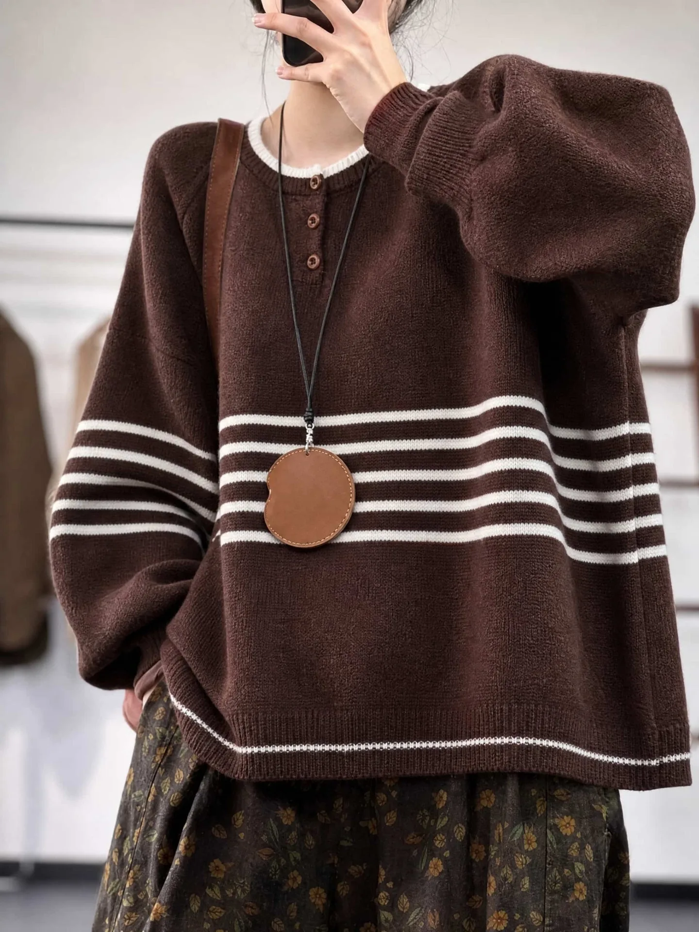 Loose Casual Stripe Knitwear Half Open Collar Overhead for plus Size Women Autumn Winter New Style Artistic Fashionable Sweater