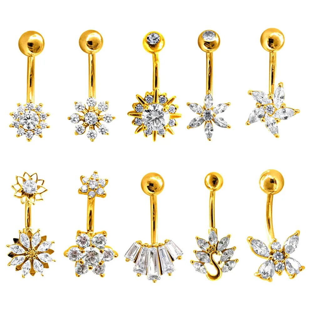 Flower Butterfly CZ Zircon Navel Piercing Windmill Peacock Ladder Gem Belly Button Ring 316L Surgical Steel 14G