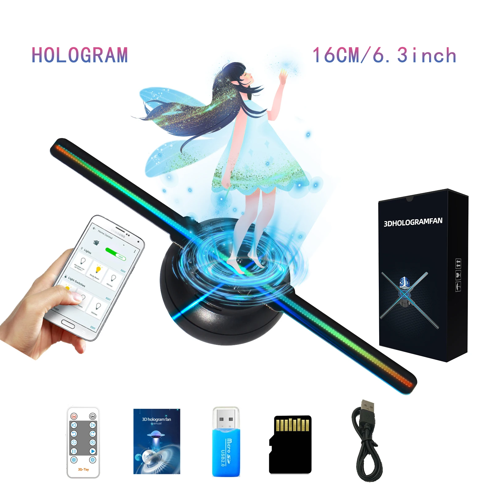 6.3in/16cm 3D hologram fan, 144 0603 LED beads holographic projector, HD flicker free screen TF&APP control Christmas Halloween