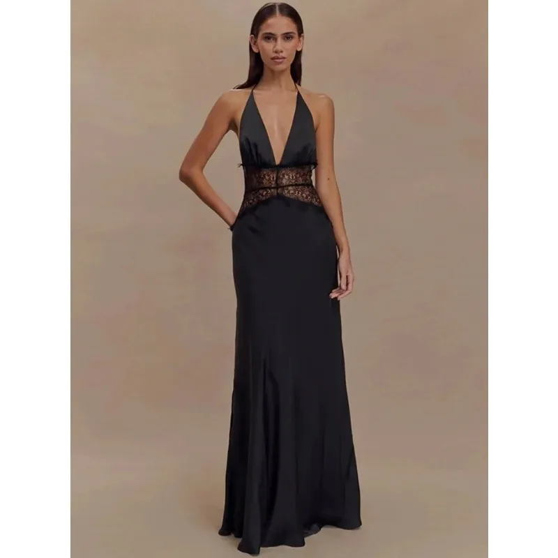 

Элегантные длинные платья с глубоким V-образным вырезом и кружевными вставками для женщин, лето 2026, шикарные туники с открытой спиной и бретелью через шею, вечерние платья для выпускного бала