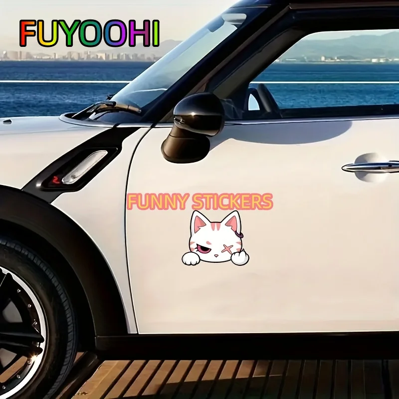 FUYOOHI Adorable Confused Cat Vinyl Sticker - Perfect for Outdoor Decor, Cars, Laptops, and Luggage