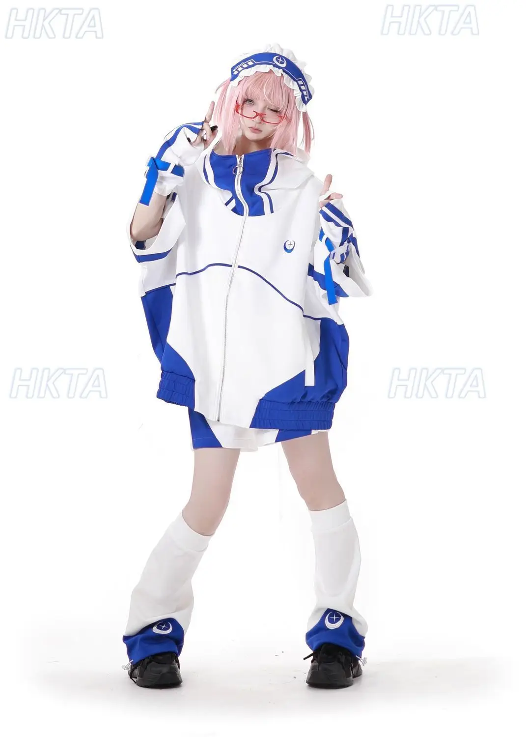 Sweet Cool Two Dimensional Yuan Short Sleeve Loose Hooded Blue White Jacket Hoodies Shorts Sleeve Leg Cover COS Y2k Suit Women