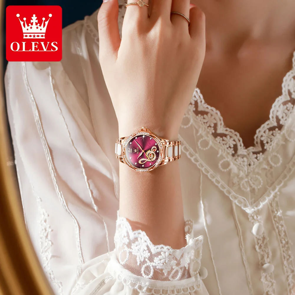 ساعة نسائية ماركة OLEVS ساعة ميكانيكية أوتوماتيكية بالكامل كاجوال طراز عصري مقاوم للماء 6656