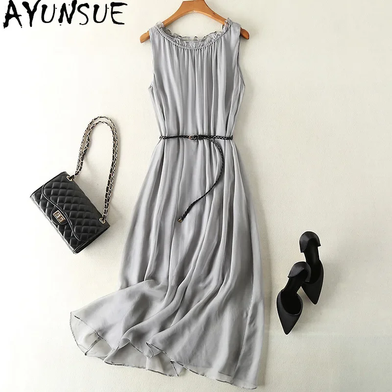 AYUNSUE-Vestidos Largos de seda de morera para mujer, ropa elegante sin mangas para verano, 100%