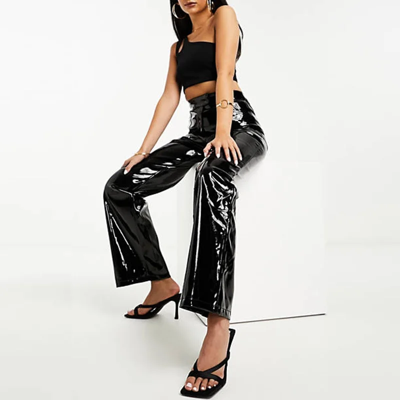 Women\'s Shiny Leather Wide Leg Pants Casual Higth Waist Black Stretch Loose Mirror Face Straight Leg Trousers Clubbing 2023