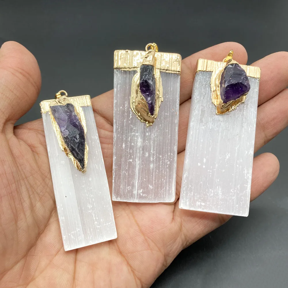 1Pc Natural Selenite Pendant White Gypsum Raw Amethyst Necklace Crystal Quartz Reiki Gemstone For Cleansing DIY Jewelry Gift