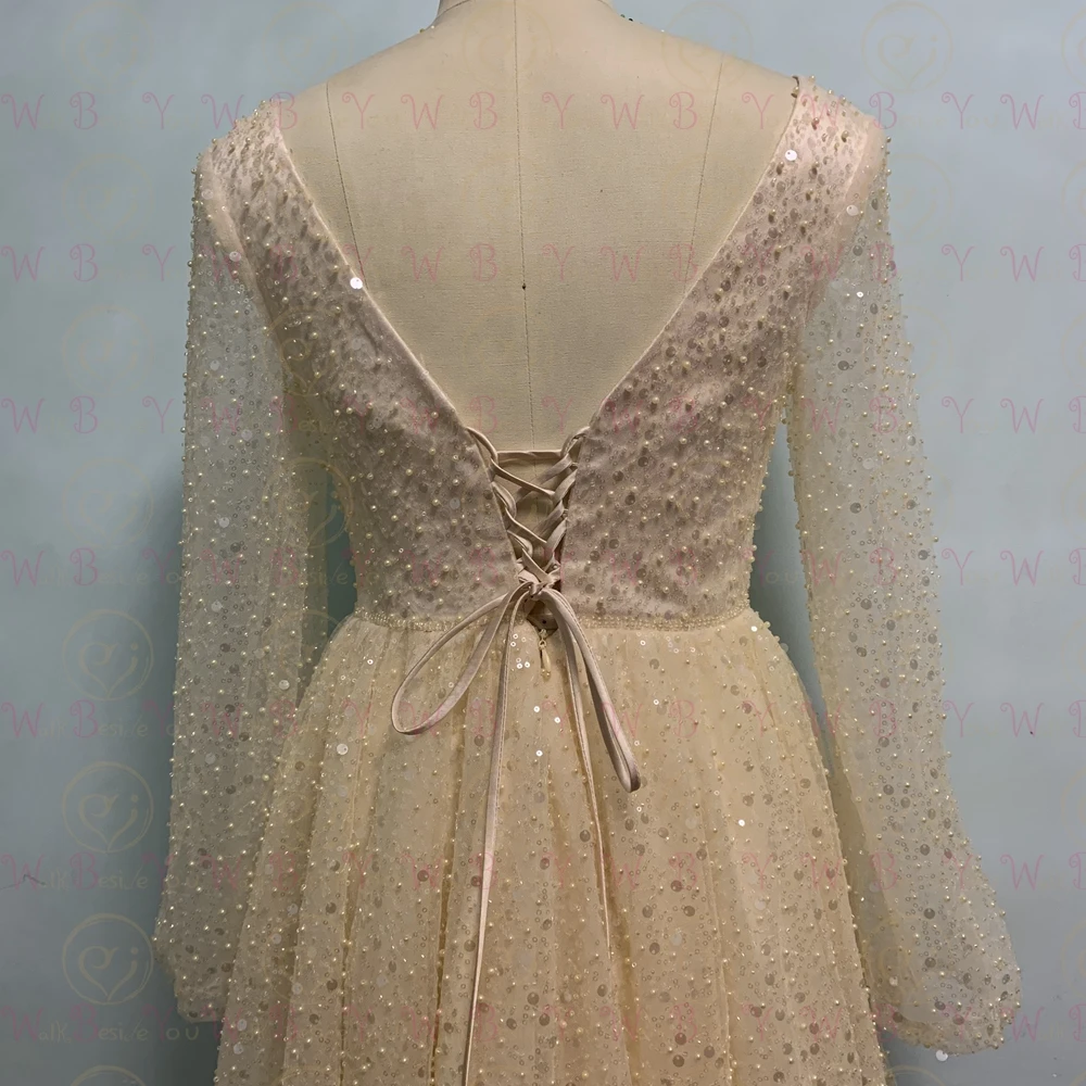 Mini robe de mariée à manches longues, courte, Sexy, moderne, Simple, brillante, scintillante, pour mariée, Champagne, bohème, Tulle de plage