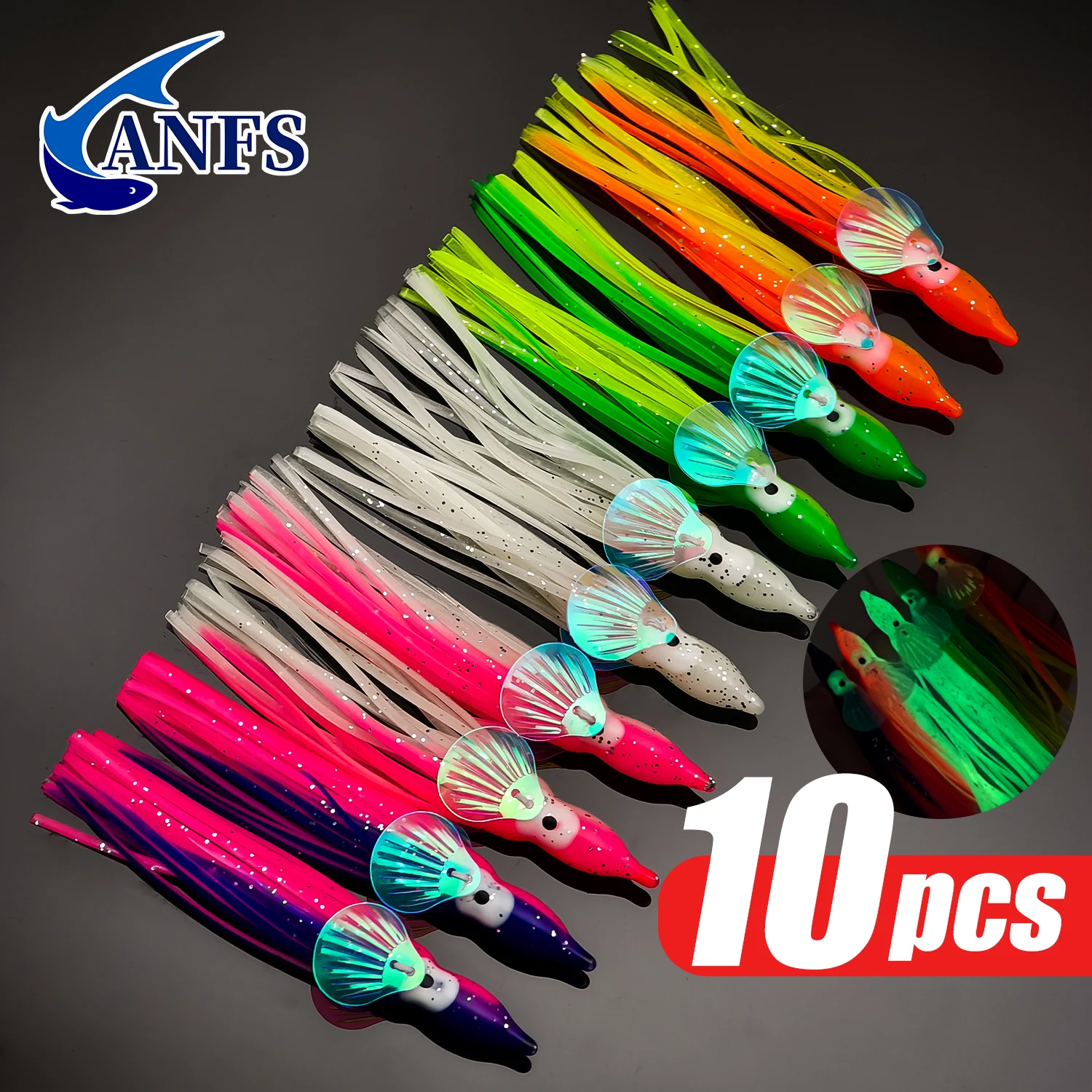 ANFS10pcs Señuelos de pesca con falda de calamar que brillan en la oscuridad, faldas de pulpo de goma suave, cebo de arrastre, perfecto para pesca nocturna