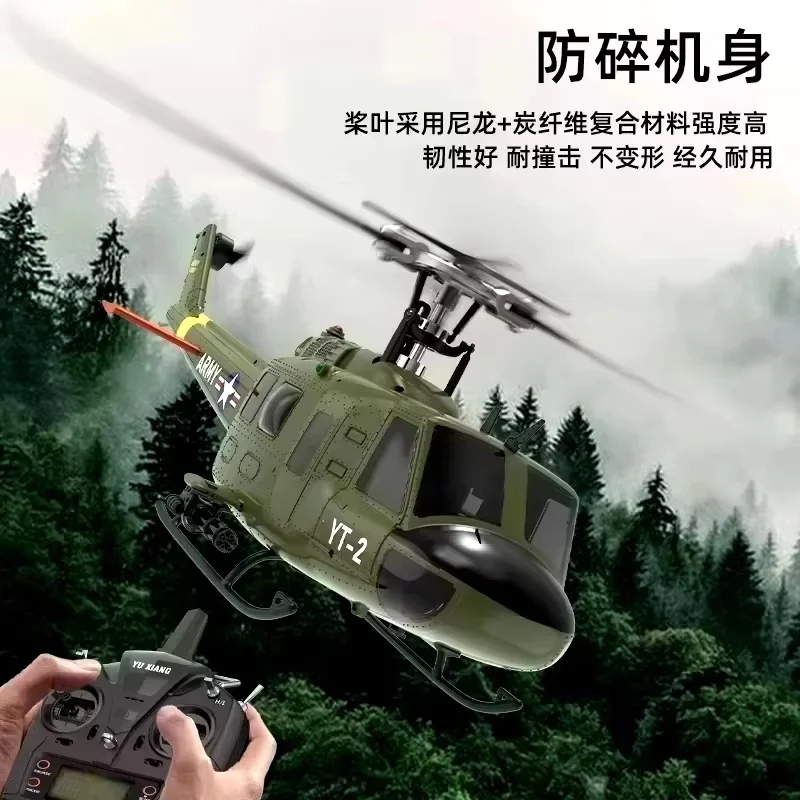 Yuxiang f07 huey uh1d helicóptero de controle remoto realista seis canais 3d dublê helicóptero alta simulação modelo aeronave brinquedo gif