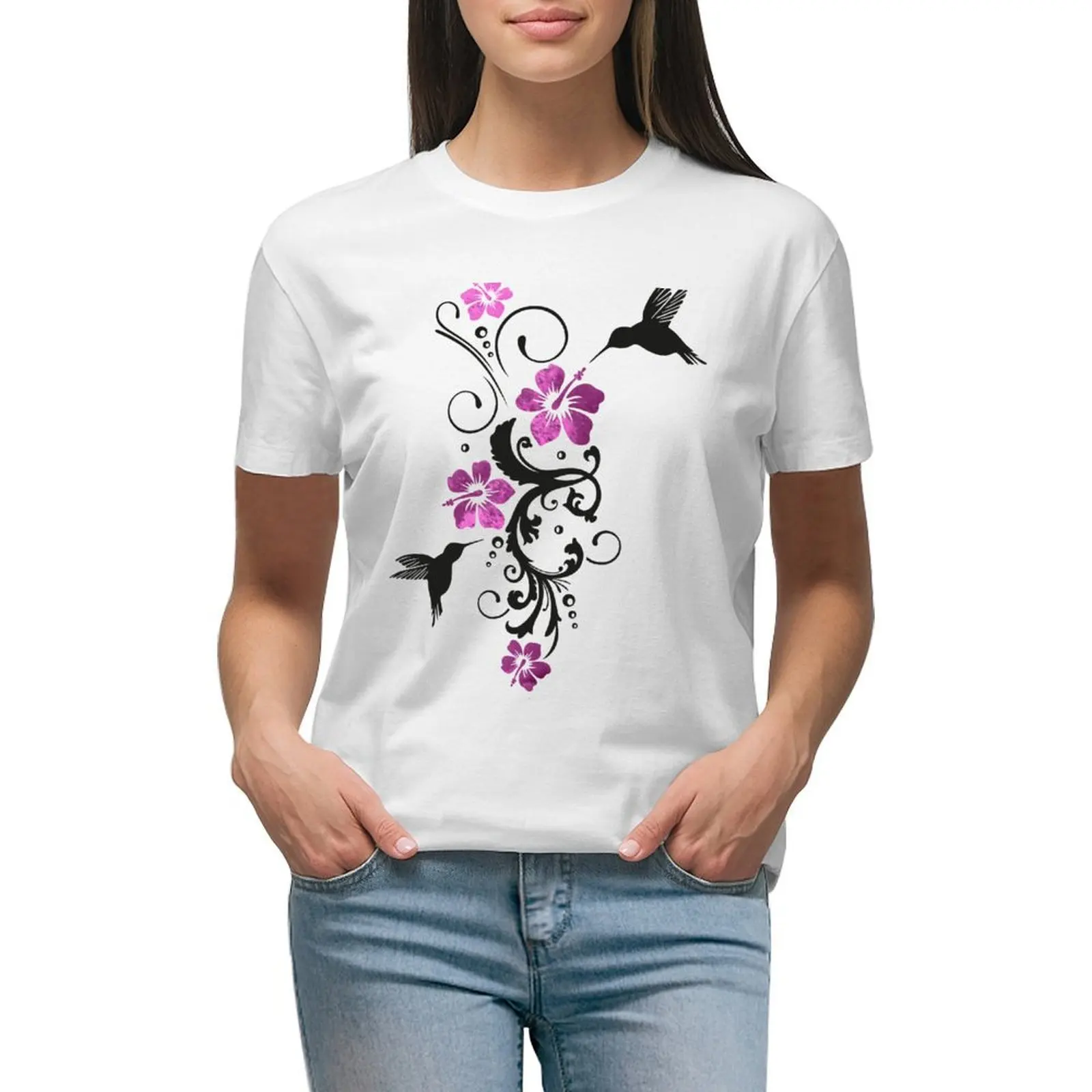 

Hummingbirds with hibiscus, floral T-shirt cute tops vintage clothes funny tops for Women