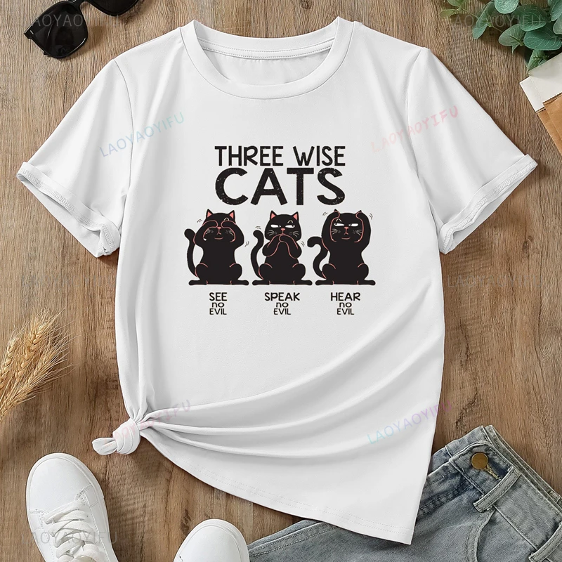 Three Smart KittensFunny and Cute Cat Cartoon Print Fashion Style Trend Clothes Women Short Sleeve Summer Casual Cotton T-shirt