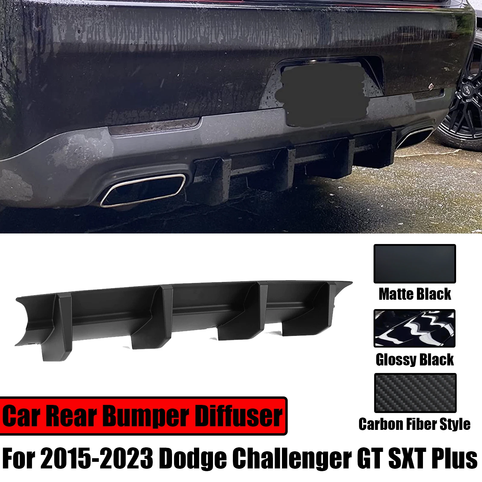 

For 2015-2023 Dodge Challenger GT SXT Plus Rear Bumper Diffuser Lip Splitter Shark Fin Spoiler Matte Black Carbon Fiber Style