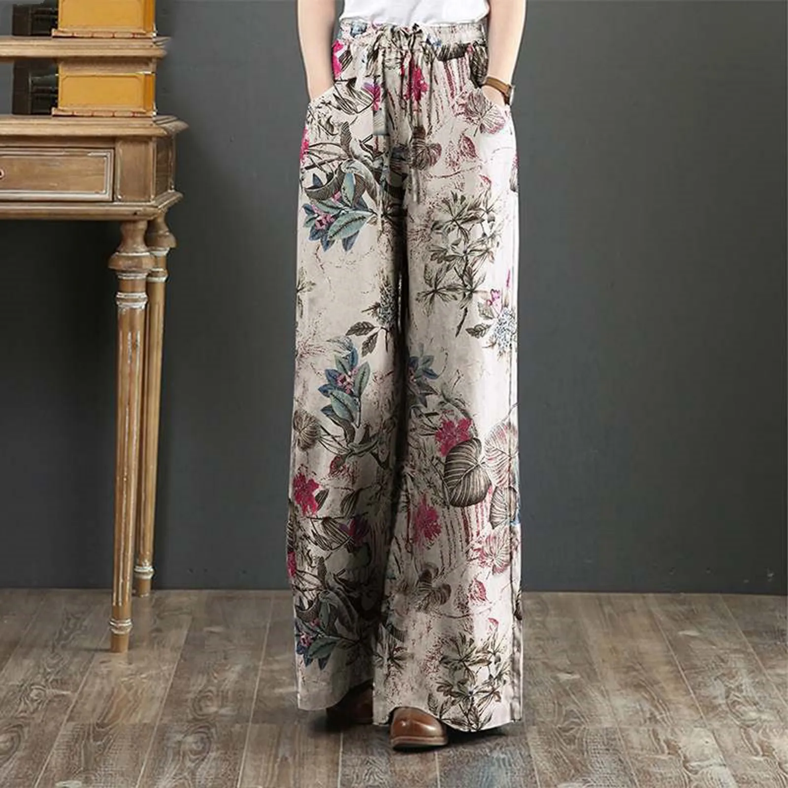 

Elegant Women Trousers Cotton Linen Pants Floral Casual Vintage Wide Leg Trousers Boho Style Print Beach Plus Size Loose Pants