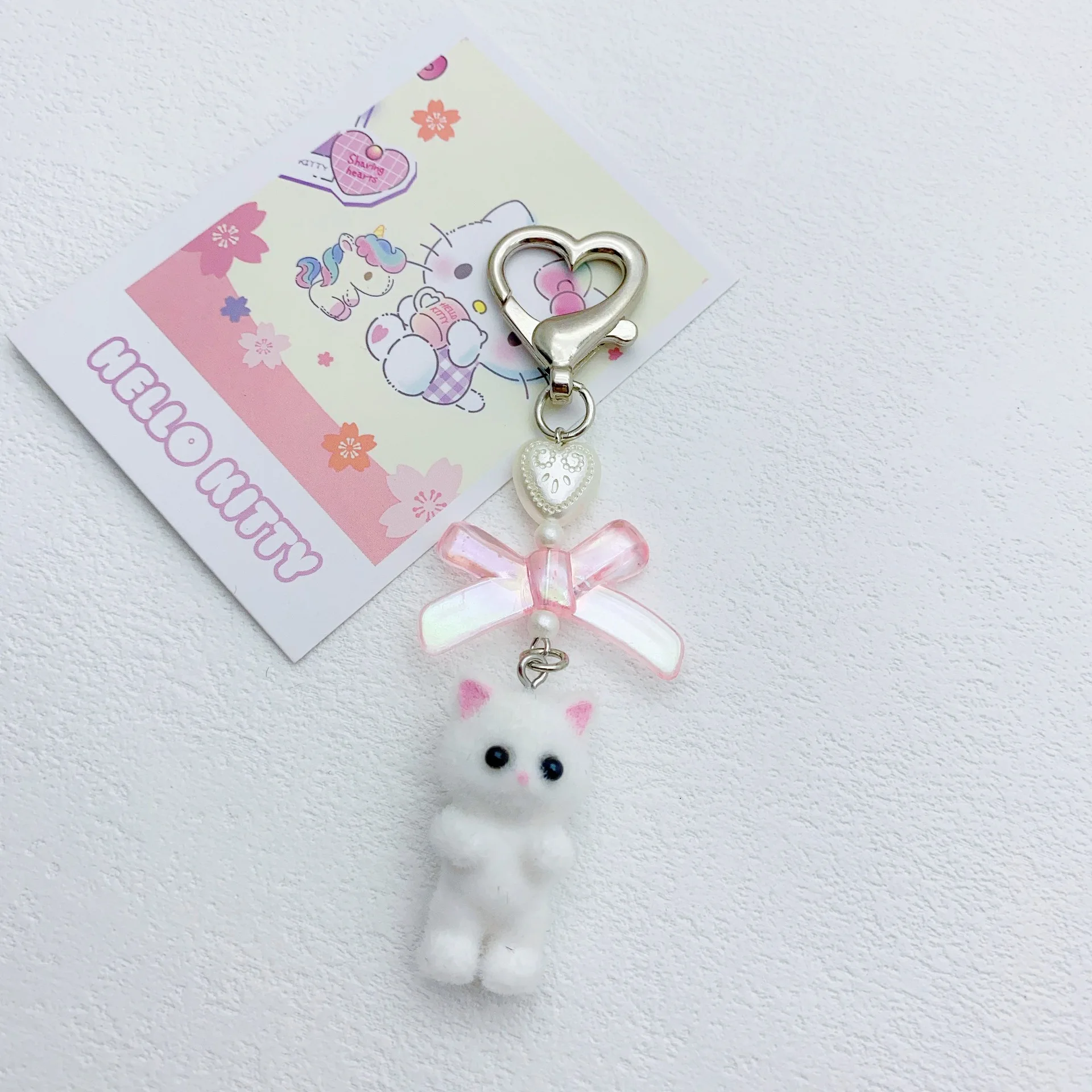 Flocking Bear Cat Pendant Keychain Heart Bow Shaped Key Chain Bowknot Keyring Jewelry Camera Bag Decors Handmade Gift image 4