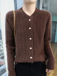 2024 autunno inverno donna Cardigan lavorato a maglia a trecce maglione di Cashmere spesso 100% lana Merino maglieria stile Preppy abbigliamento femminile top