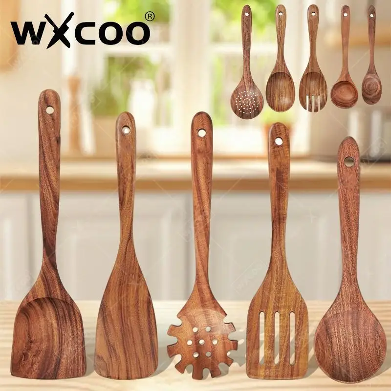 

WXCOO Wooden Spoon Spatula Kitchen Utensils Non Stick Cookware Supplies for Cooking Nonstick Heat Resistant Cookware Long Handle