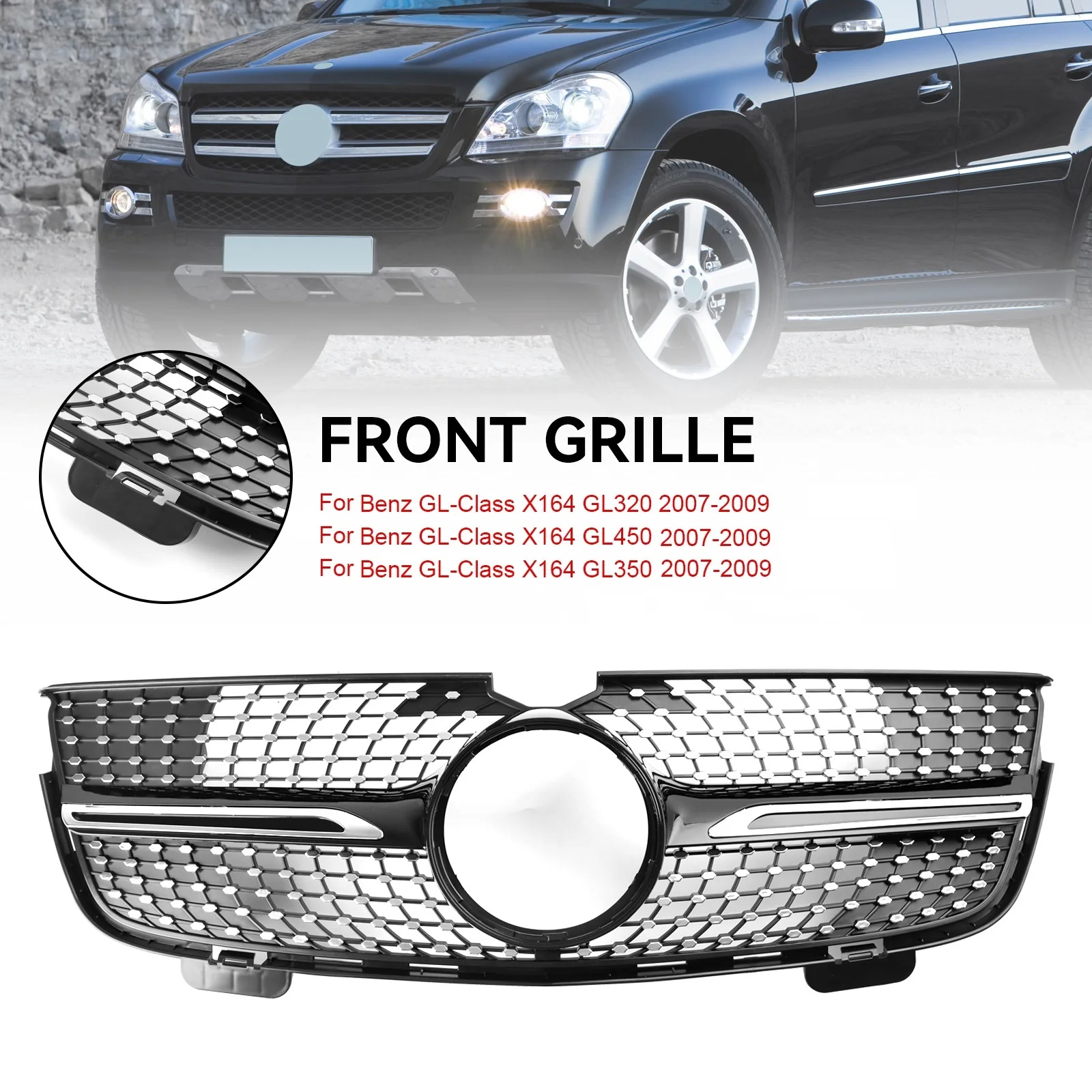 شبكة المصد الأمامي الماسية Artudatech مناسبة لسيارة Mercedes Benz GL-Class X164 2007-2009 كروم