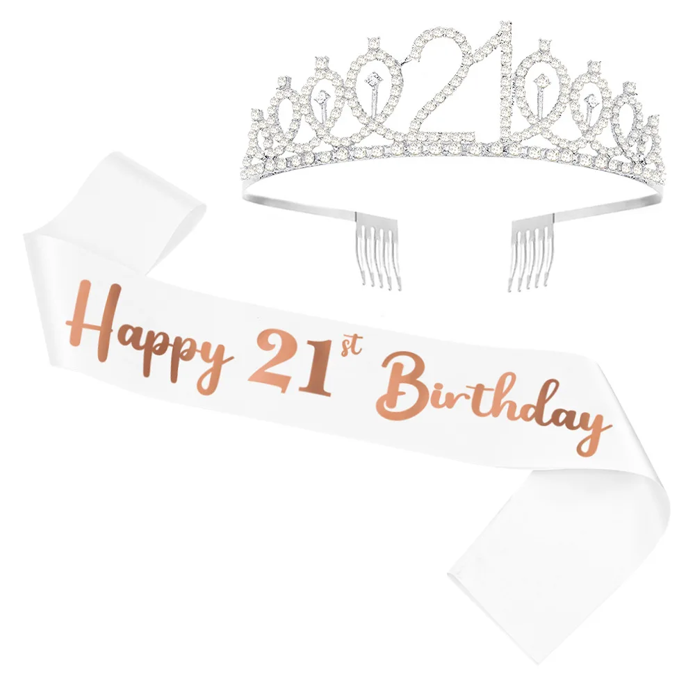 

21th Birthday Queen Sash Crystal Tiara Kit Silver Women Sash Girls Birthday Decor Rhinestone Headband Hair Accessories Glitter