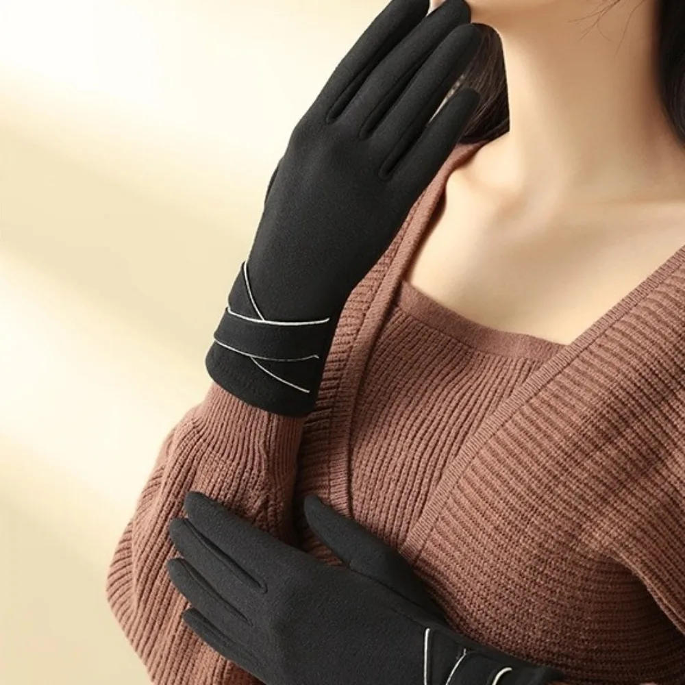 Vintage Thickened Women Suede Gloves Plush Windproof Touch Screen Gloves Full Finger Keep Warm Winter Mittens Driving