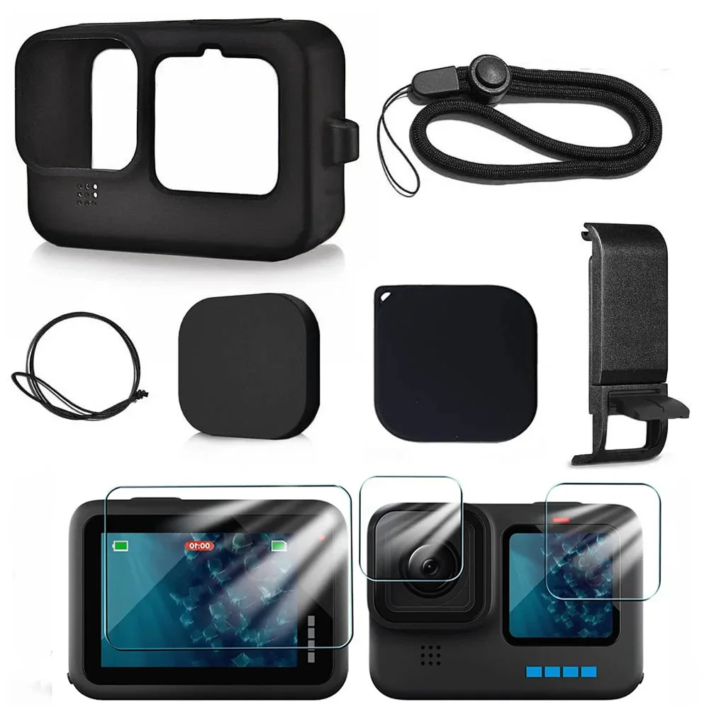 Silicone Case for GoPro Hero12 10 9 Black Tempered Glass Screen Protector Protective Film Lens Cap Cover for Go Pro 10 11 case