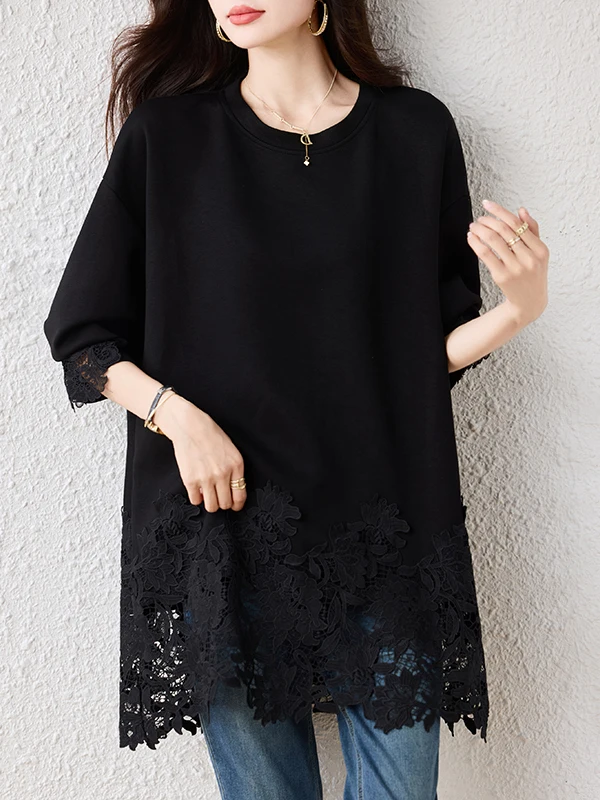 Casual round Neck Lace Hem Top Loose Slimming Belly Covering Women's Shirt Long Sleeve Mid-Length Casual Wear for Autumn