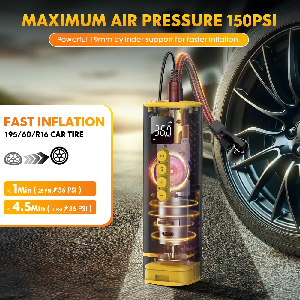 

Портативный автомобильный компрессор Carsun 12В 150 фунтов на кв. дюйм - Проводной воздушный компрессор с удлиненным шнуром питания для шин мотоциклов и велосипедов