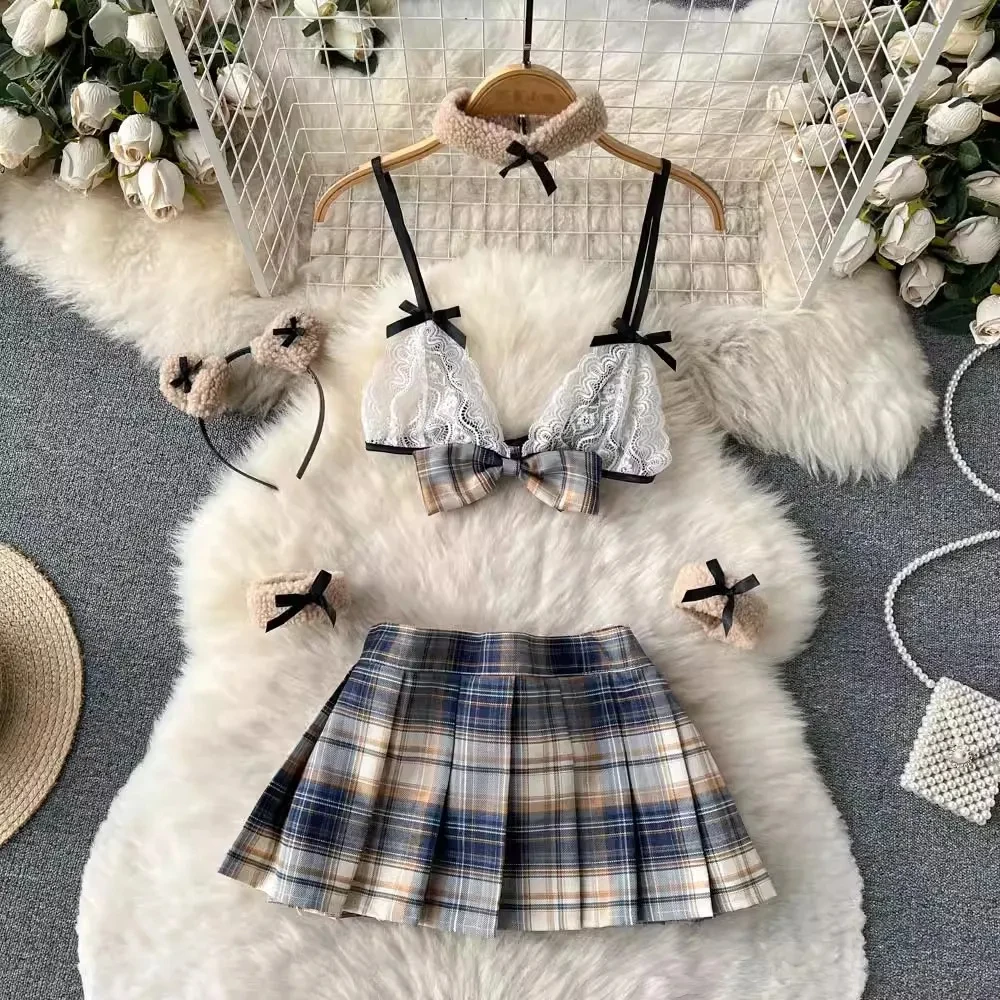 

New In Women's Secret Clothing Sexy Plaid Skirt Set V-Neck Camisole Lace Crop Top Erotic Sleepwear Japan JK Cosplay Pajamas New