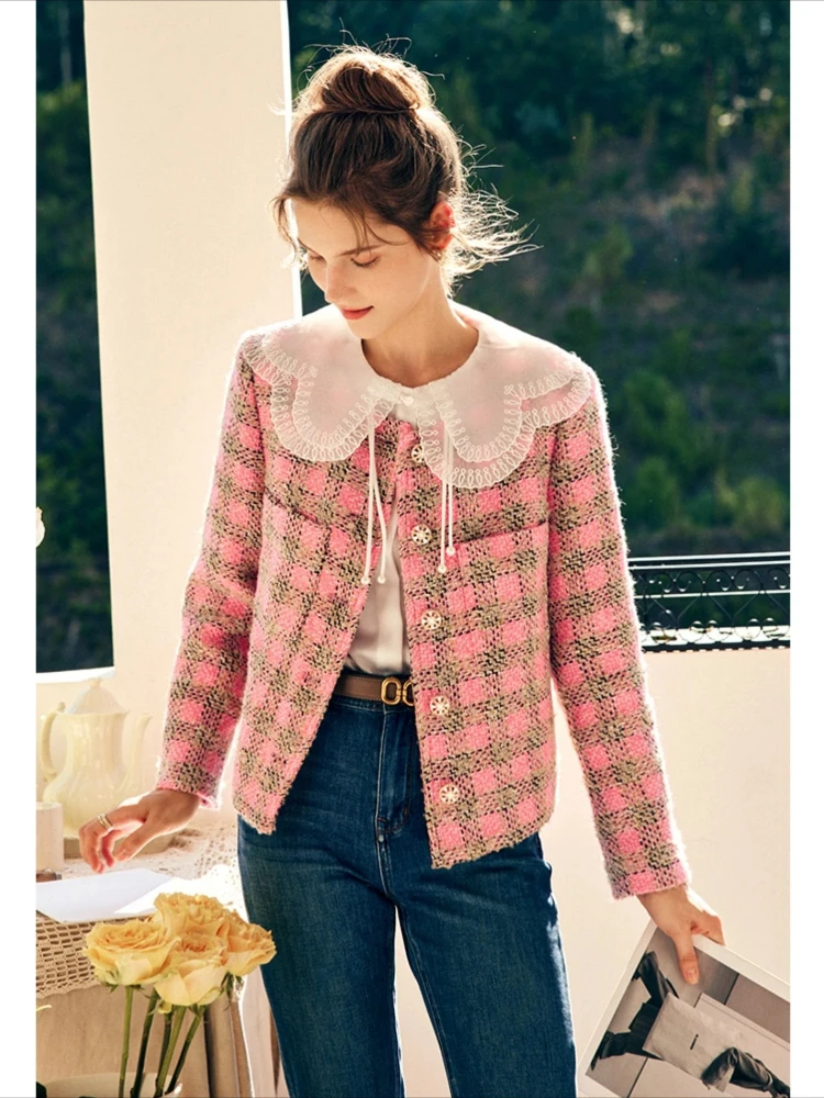 

OLrain Women Luxury Tweed Jackets 2025 Autumn Pink Plaid Elegant Wool Blend Short Jacket Ladies Outerwear Clothing O22QW65115